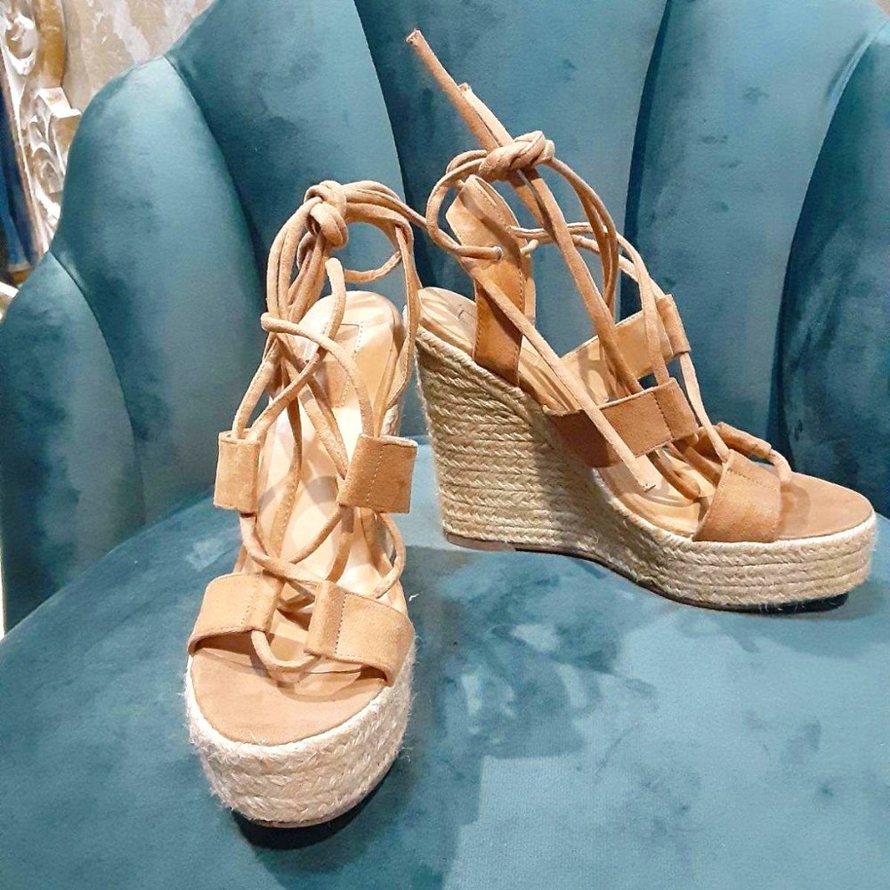 Forever 21 Tan Espadrille Lace-Up Wedge Sandals